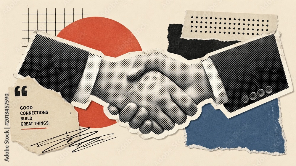 Naklejka premium Banner Business partnership handshake halftone collage with typography and torn paper elements