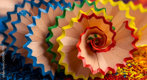 Colorful pencil shavings in spiral shapes.