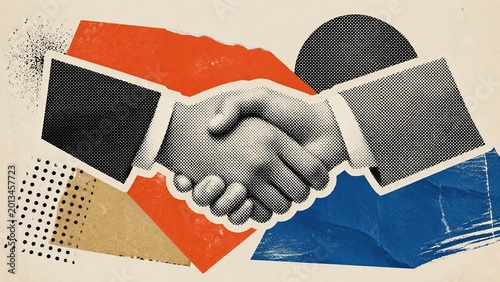 Banner Abstract halftone handshake collage with colorful torn paper and geometric shapes