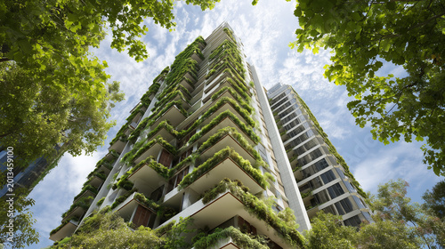 Eco Friendly Skyscraper with Vertical Garden and Blue Sky Background