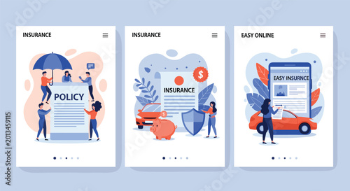 Mobile app interface designs for online insurance policies covering car accidents, life savings, and health protection services.