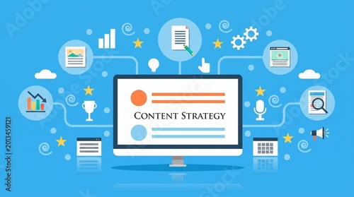 Content marketing strategy and digital media icons on blue background