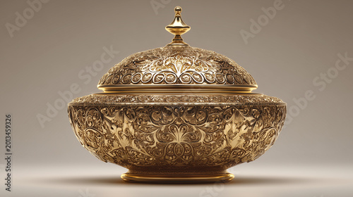 Ornate Golden Container with Lid Isolated on Neutral Background
