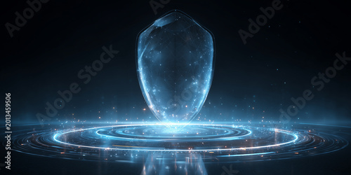 Futuristic Blue Digital Ring Platform with Light Effects on Dark Background