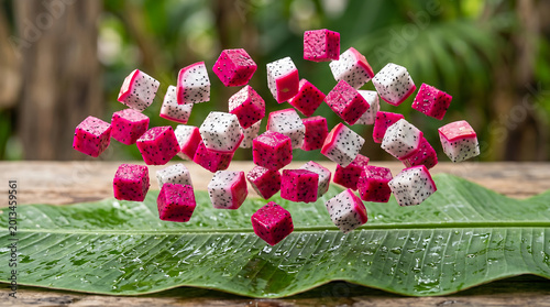 High End Commercial Photography Of Vibrant Pink Dragon Fruit Cubes Levitating Above A Fresh Banana Leaf