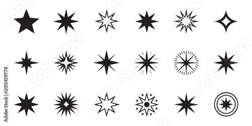 Schilderij op canvas Minimalist black star shapes set featuring diverse sharp points and circular decorative frame icons