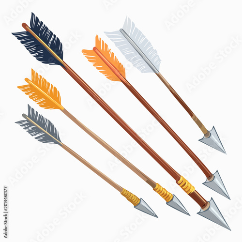 Set of Five Arrows with Colorful Feathers and Metal Tips