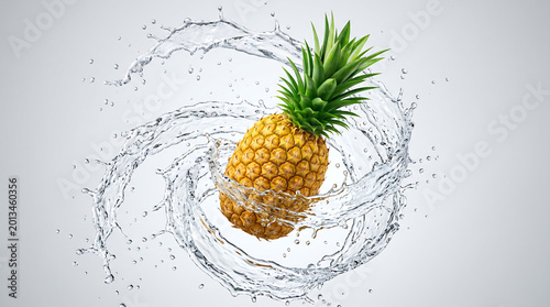 Epic Commercial 3D Render Of A Whole Golden Pineapple Levitating With A Massive Spiral Water Splash