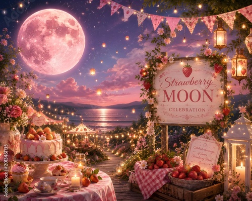 Magical Strawberry Moon Celebration Night with Pink Full Moon and Summer Festival Decor