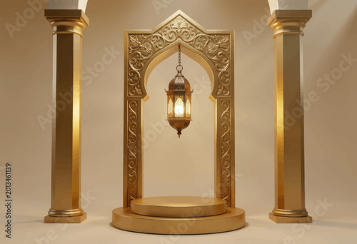 Ornate Golden Archway Framing a Vintage Hanging Lantern in Neutral Studio Setting Photograph