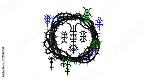 Bilde på lerret Mysterious Occult Symbols and Thorny Crown on White Background