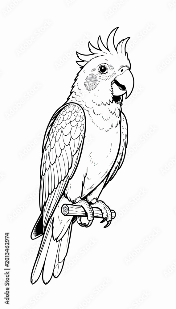 Naklejka premium Stylized Bird Perched on a Branch Detailed Outline Drawing