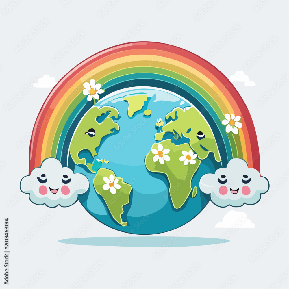 Naklejka premium Cute Cartoon Earth with Rainbow and Clouds