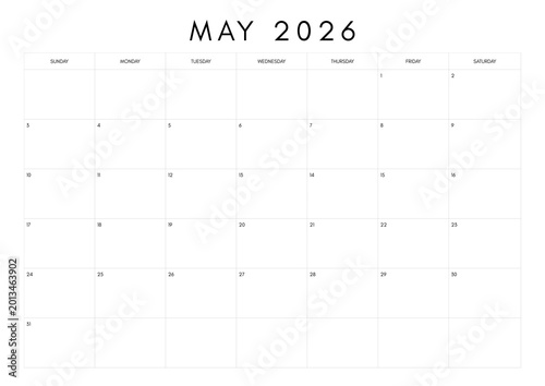 May 2026 calendar isolated on white background