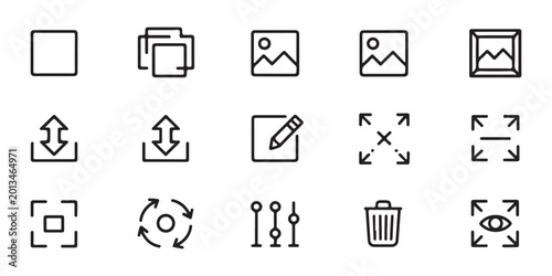 Photos Graphic editor control icons set for image adjustments scaling rotation and filter settings display