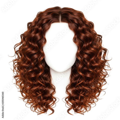long voluminous auburn curly wig with natural waves isolated on transparent background