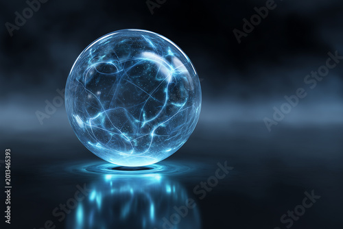 Glowing Energy Sphere Floating Above Reflective Surface Sci Fi Concept