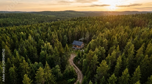 Canvastavla Aerial view of a remote wooden cabin in a dense evergreen forest at sunset