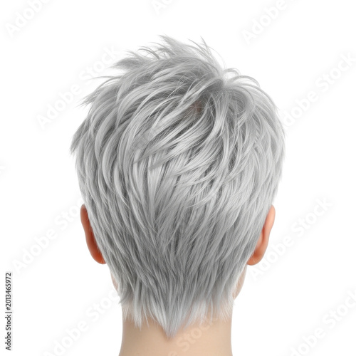 short spiky silver gray hair bun hairstyle back view isolated on transparent background