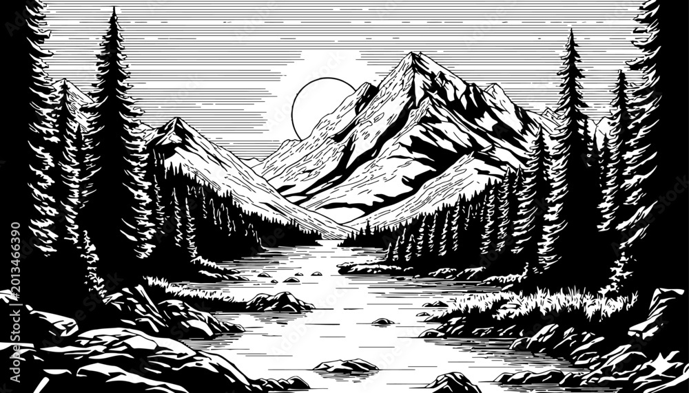 Fototapeta premium Monochromatic Mountain River Landscape with Pine Trees and Sun in Engraved Woodcut Style Black White Art