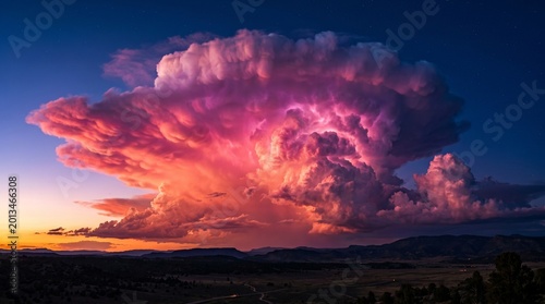 Fotografía Dramatic pink glowing storm cloud at sunset over dark landscape.