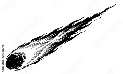 Engraved Black and White Illustration of a Comet Streaking Across the Sky with Fiery Trail