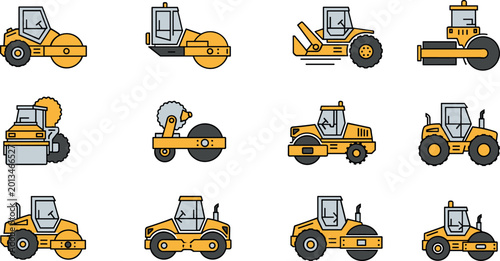 Tableau sur toile Construction road roller vector collection with compactor machinery icons for pa