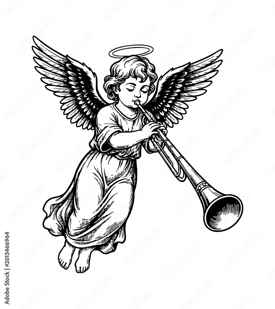 Fototapeta premium Flying Angelic Cherub Playing a Trumpet with Serene Expression in Detailed Black and White Line Art