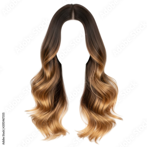 long wavy brunette hair with highlights cutout isolated on transparent background