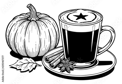 Black and white vector illustration of pumpkin spice latte with star anise cinnamon sticks and autumn leaf