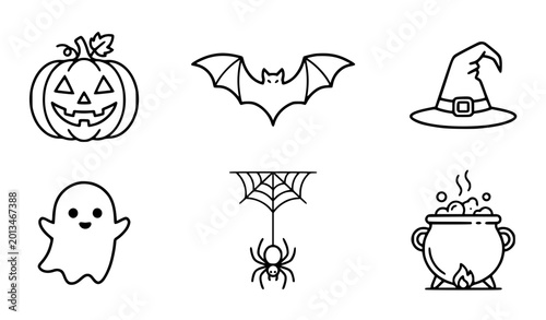 Fotografía Minimalist Halloween symbols vector illustration set clean black and white outli