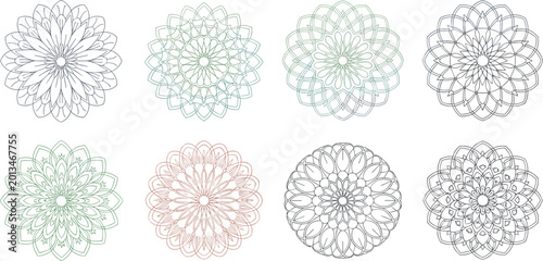 Foto Delicate floral mandala outline vector collection with circular rosette patterns
