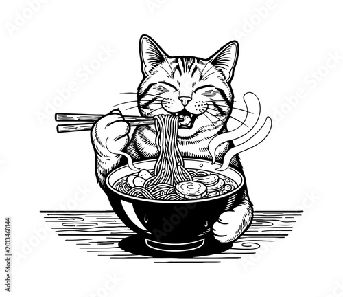 A happy cat happily eating steaming ramen noodles with chopsticks in a joyful black and white illustration
