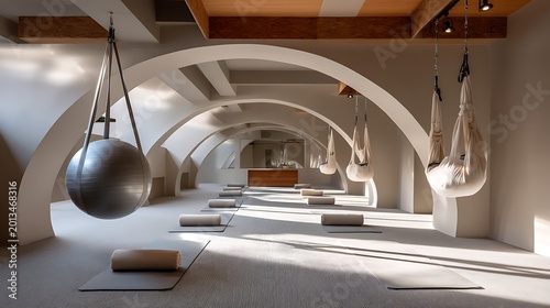 Modern yoga studio with suspended equipment and tranquil atmosphere