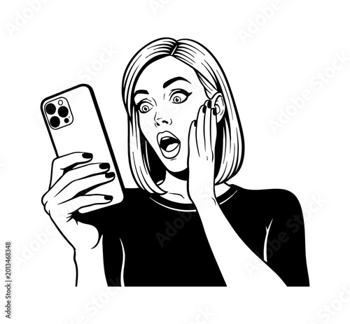 Shocked young woman looking at smartphone with wide open eyes and mouth in a black and white pop art illustration