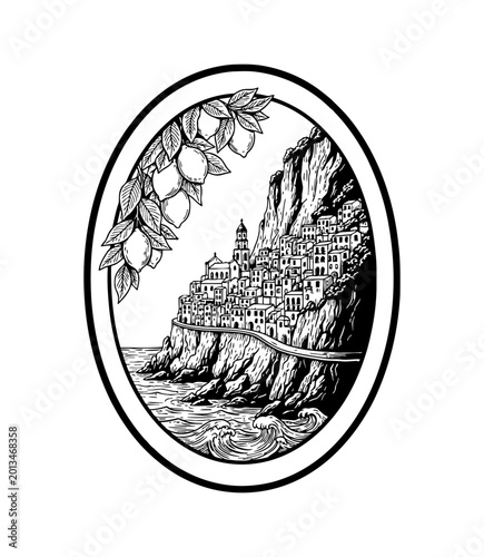 Coastal European Town Built on Cliff with Ocean Waves and Lemon Branch in Detailed Vintage Line Art Drawing