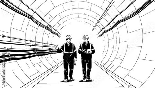 Two professional men engineers inspecting an underground tunnel with cables and pipes wearing hard hats