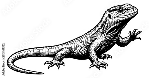 Detailed black and white outline drawing of a lizard reptile standing in a natural pose