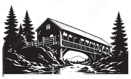 Tableau sur toile Forest covered bridge silhouette, landscape scene, vector isolated on white