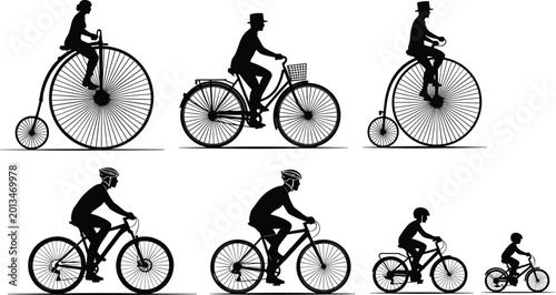 Tableau sur toile Bicycle Rider Silhouette Collection with Vintage Penny Farthing Modern Cyclists