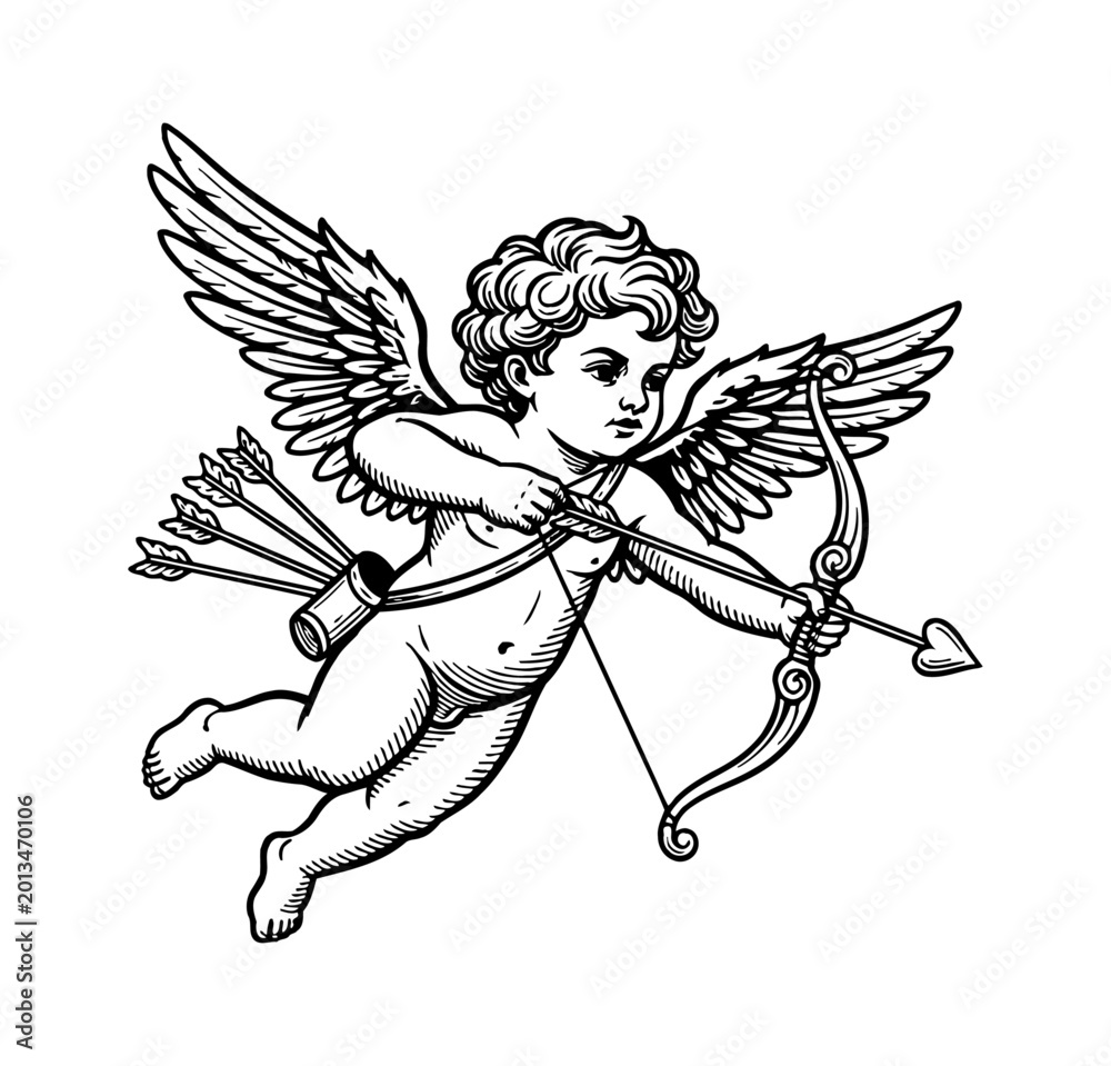 Naklejka premium Young Caucasian cupid flying aiming a heart arrow with bow and quiver of arrows serious expression in detailed line art