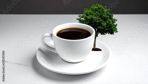 Eco friendly coffee concept with small tree growing from saucer