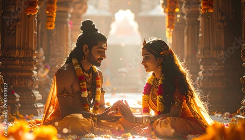 Indian Deity Couple in Golden Temple with Flower Garlands