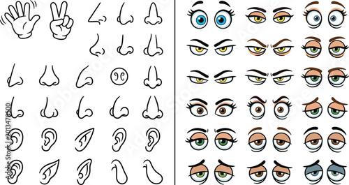 Fényképezés Cartoon facial elements set with eyes noses ears and hands for character design