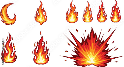 Obraz na plátně Cartoon fire flames and explosion set with blazing icons isolated vector illustr