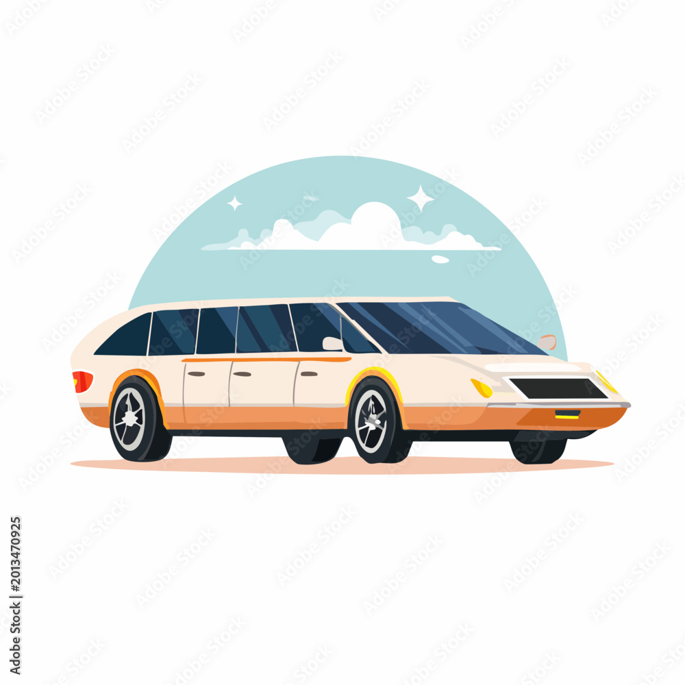 Fototapeta premium A vintage station wagon drives under a sunny sky with clouds.