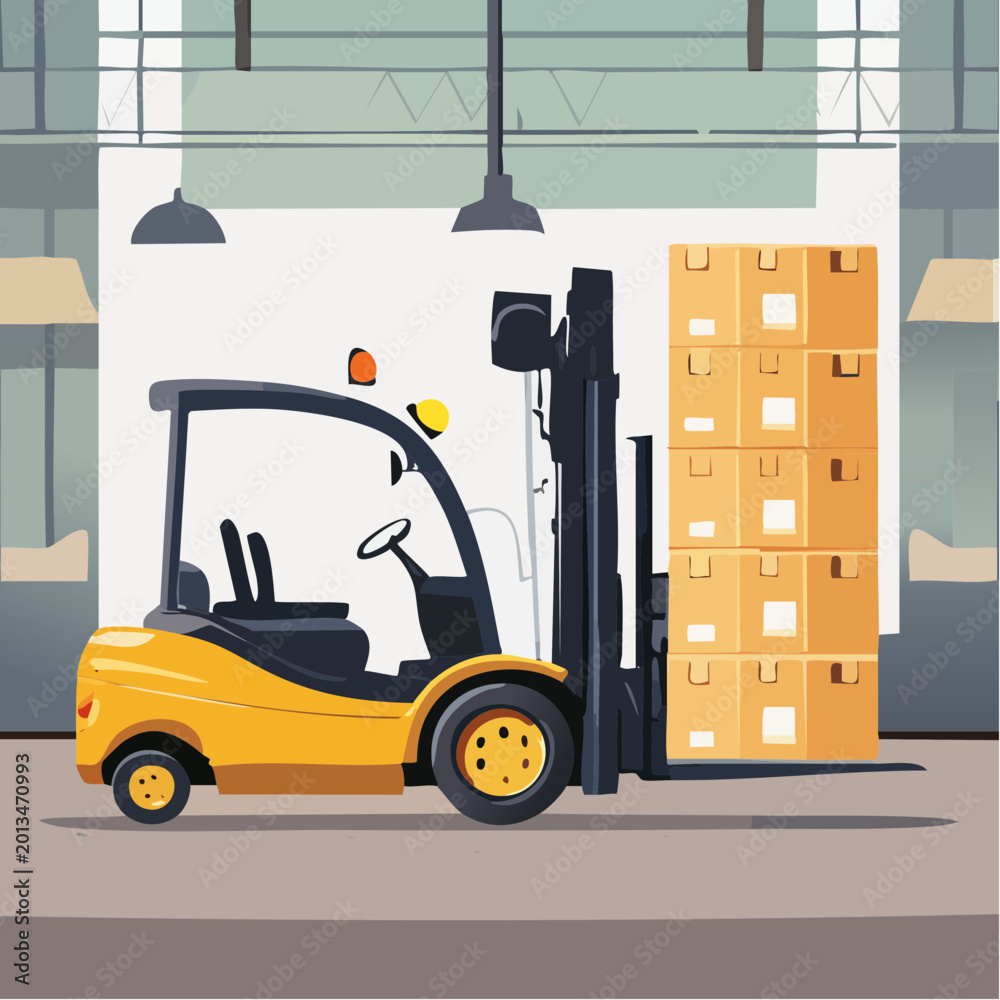 Naklejka premium A forklift operator moves boxes in a warehouse loading bay area indoors.