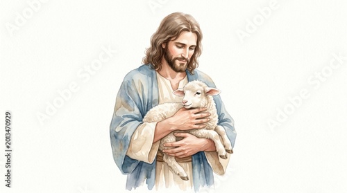 Jesus holding a small lamb in his arms. Watercolor painting of the Good Shepherd, a religious figure of christianity. Symbolic depiction of faith, mercy, peace, and divine love.