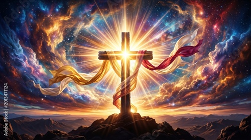 Wooden cross glowing with divine light against a nebula sky. Symbol of resurrection and faith in Christianity. Religious concept for Easter celebration and spiritual worship art background.