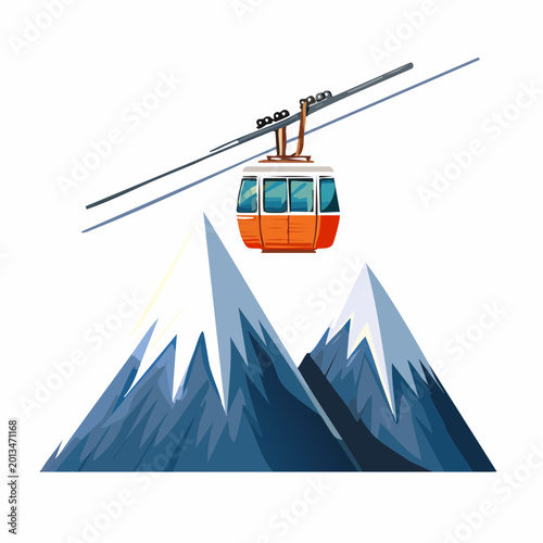 A cable car travels over snow-capped mountains with scenic views
